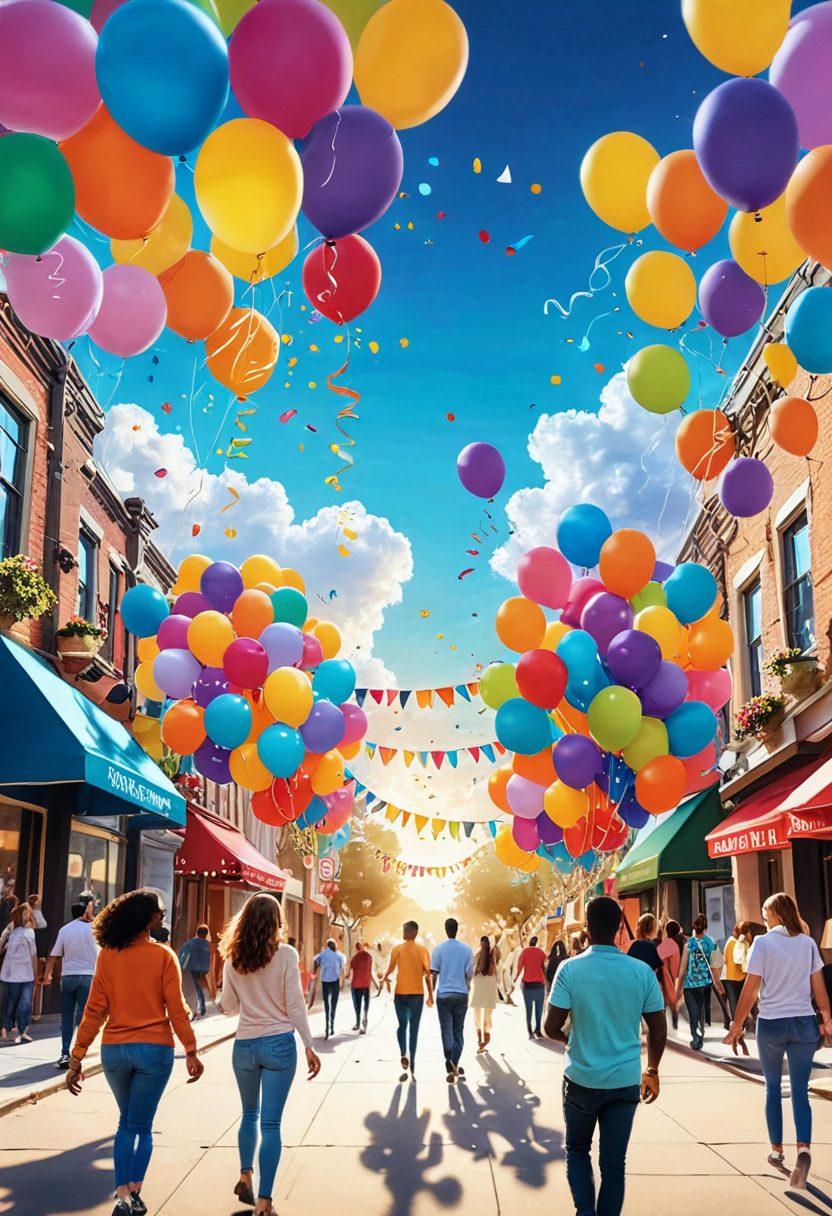 A lively digital landscape depicting a diverse group of people joyfully interacting in a virtual community. Bright banners of inspiration and positivity float around them, while colorful elements like balloons and flowers enhance the cheerful atmosphere. Soft sunlight filters through digital clouds, casting a warm glow on smiling faces, surrounded by uplifting words and symbols. The overall vibe is celebratory and inviting. vibrant colors. cartoon style. 3D.